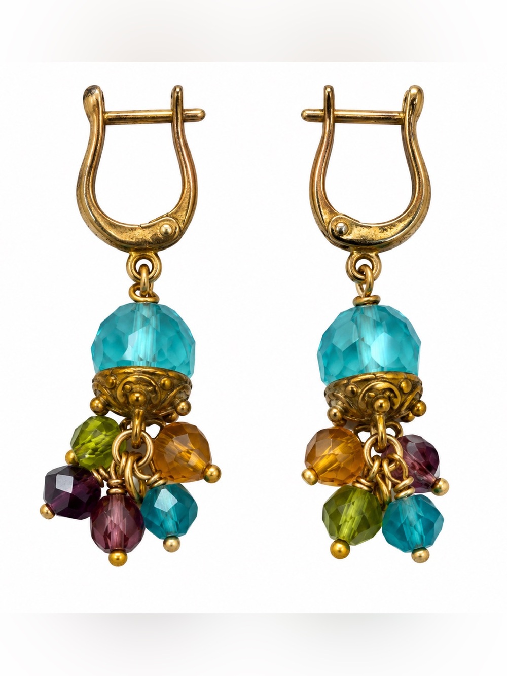 Multicolor Beaded Dangle Earrings Aqua Blue Gold Tone Boho